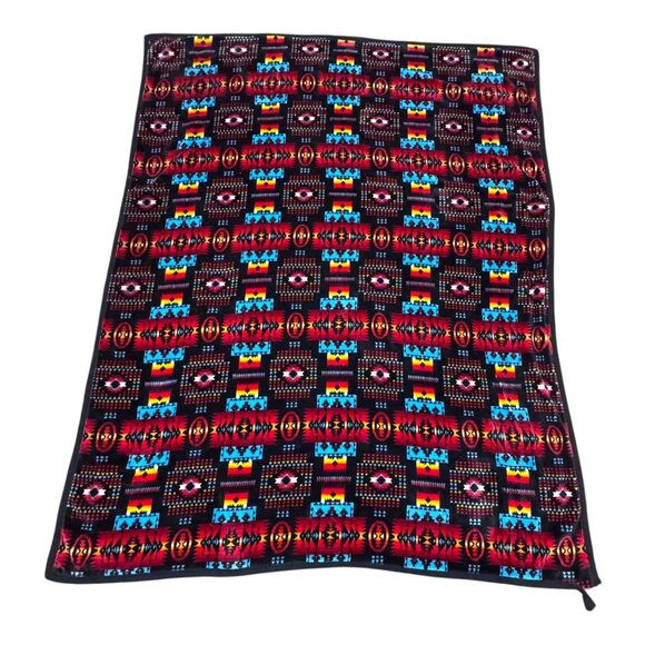 Southwest Tuscan Style Reversible Fleece Blanket 70X58 Tribal Pattern  Green Red - Picture 1 of 5